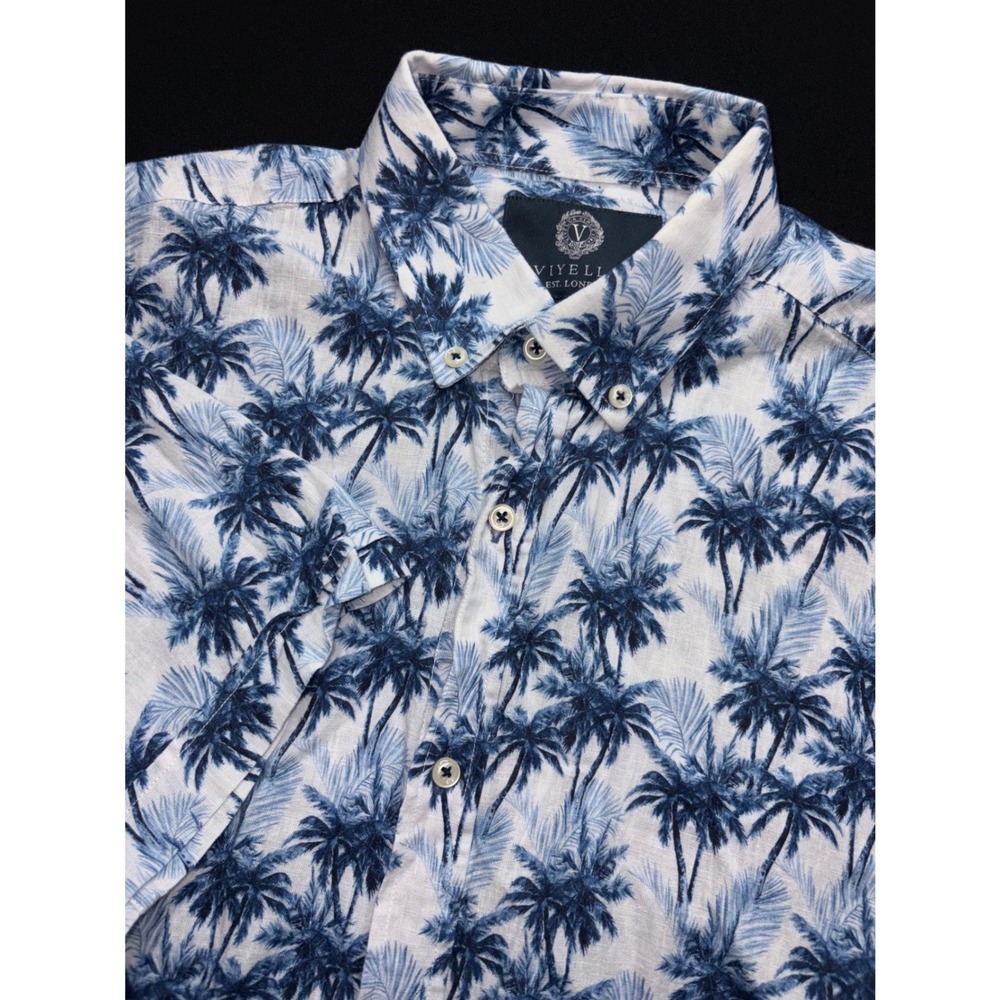 Viyella Mens‎ Blue White Palm Tree Cotton Linen Short Sleeve Button Down Shirt